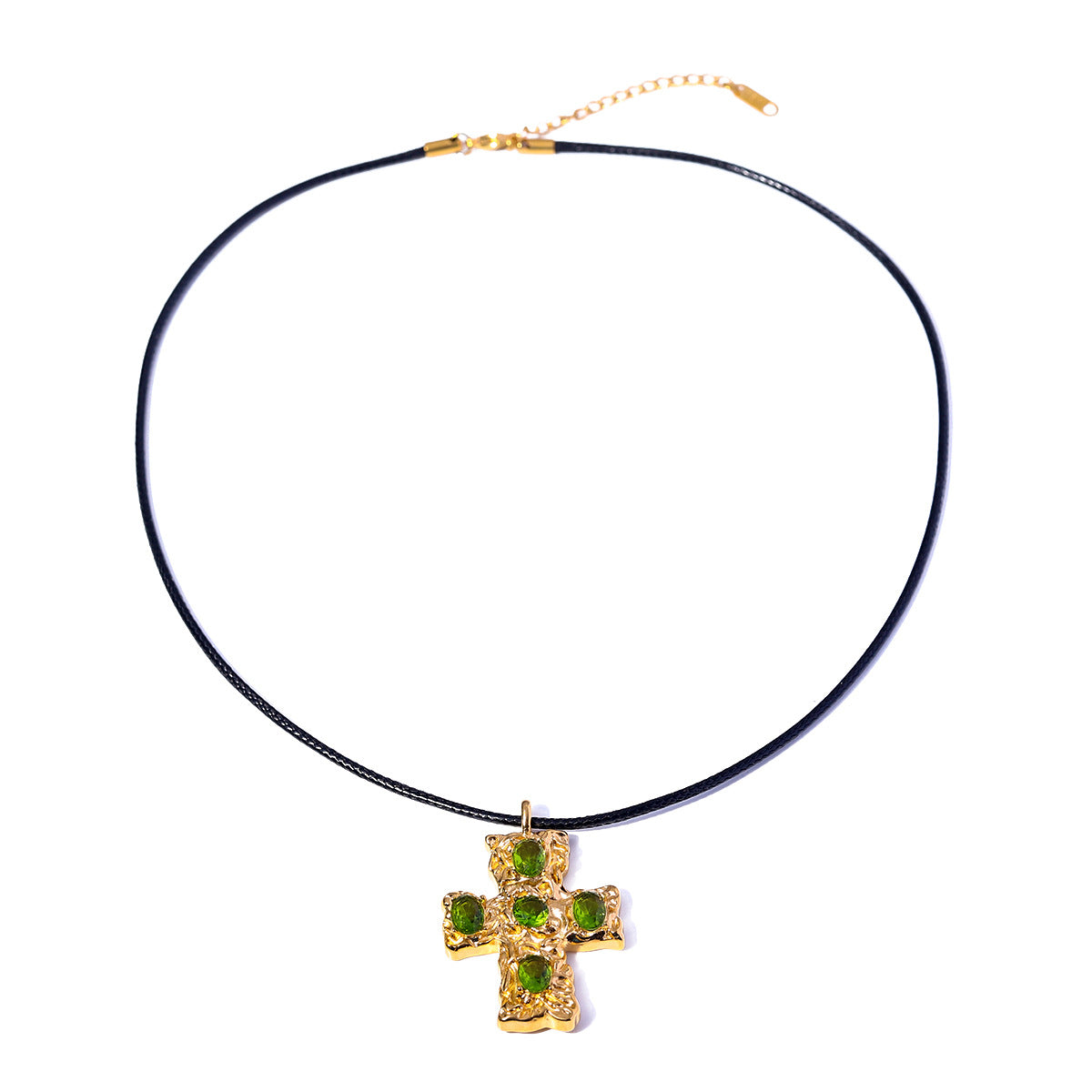 GOLD CROSS PENDANT NECKLACE GREEN RHINESTONE