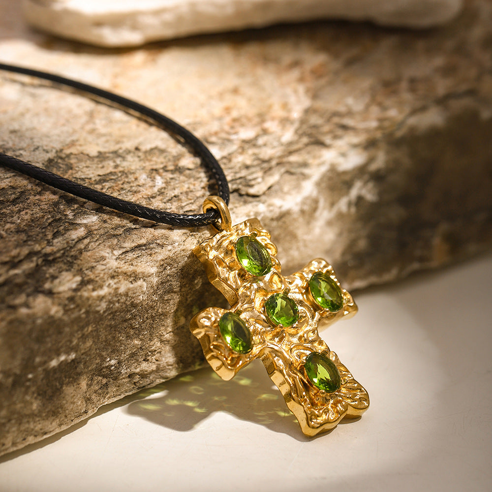 GOLD CROSS PENDANT NECKLACE GREEN RHINESTONE